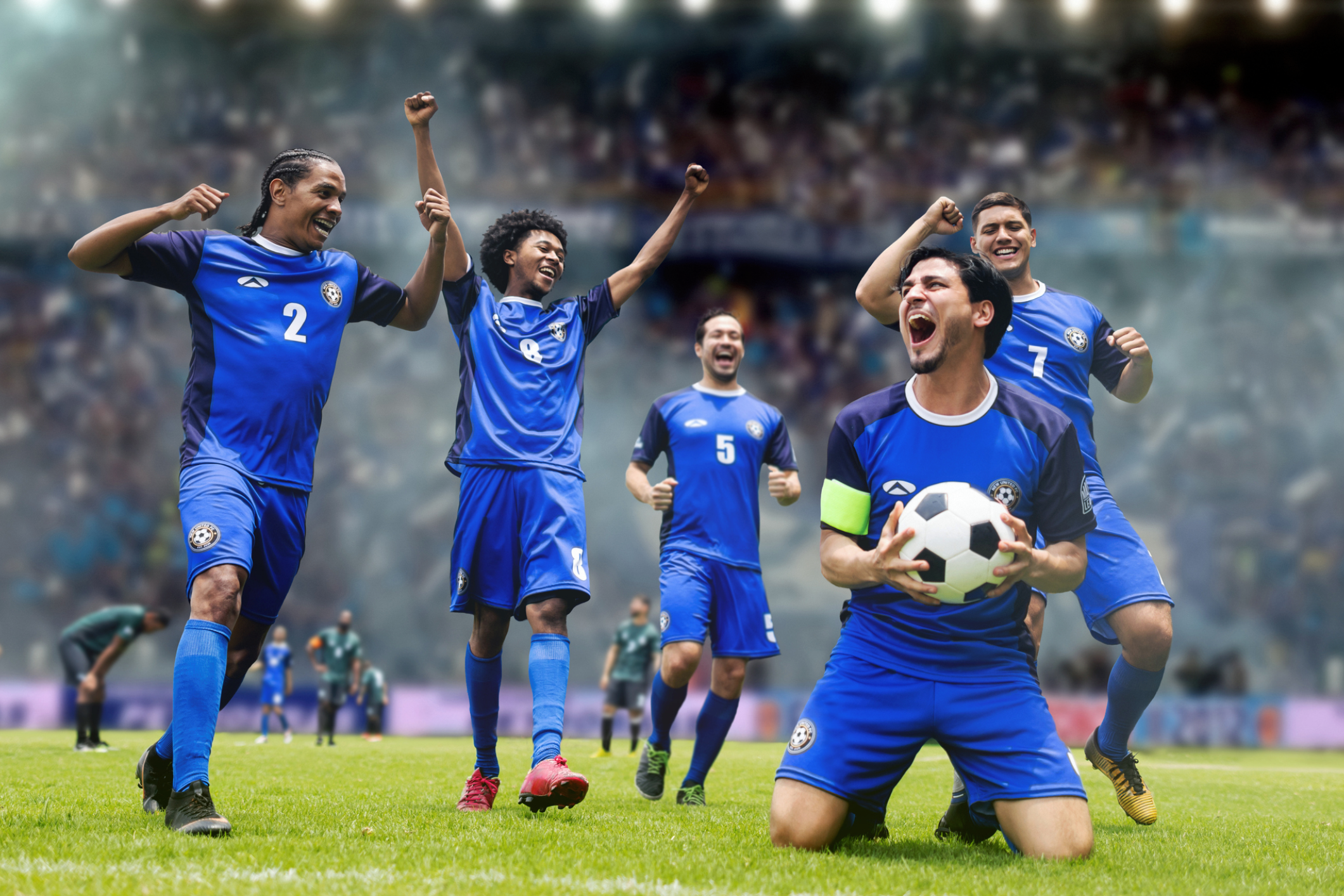 Soccer team celebrating a victory on field.