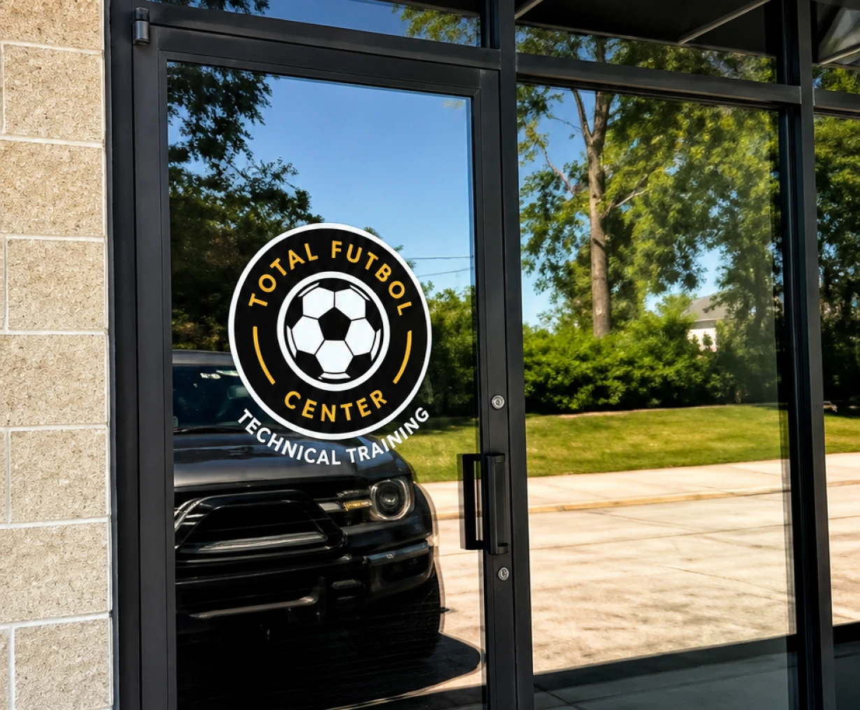Glass door with soccer logo